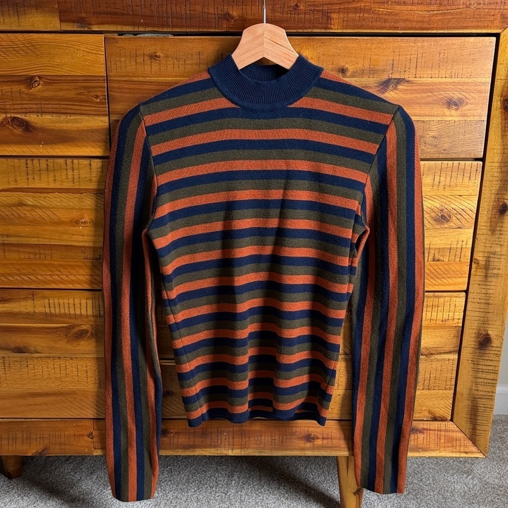 Iris & Ink Striped Navy and Brown Women’s Wool Sweater